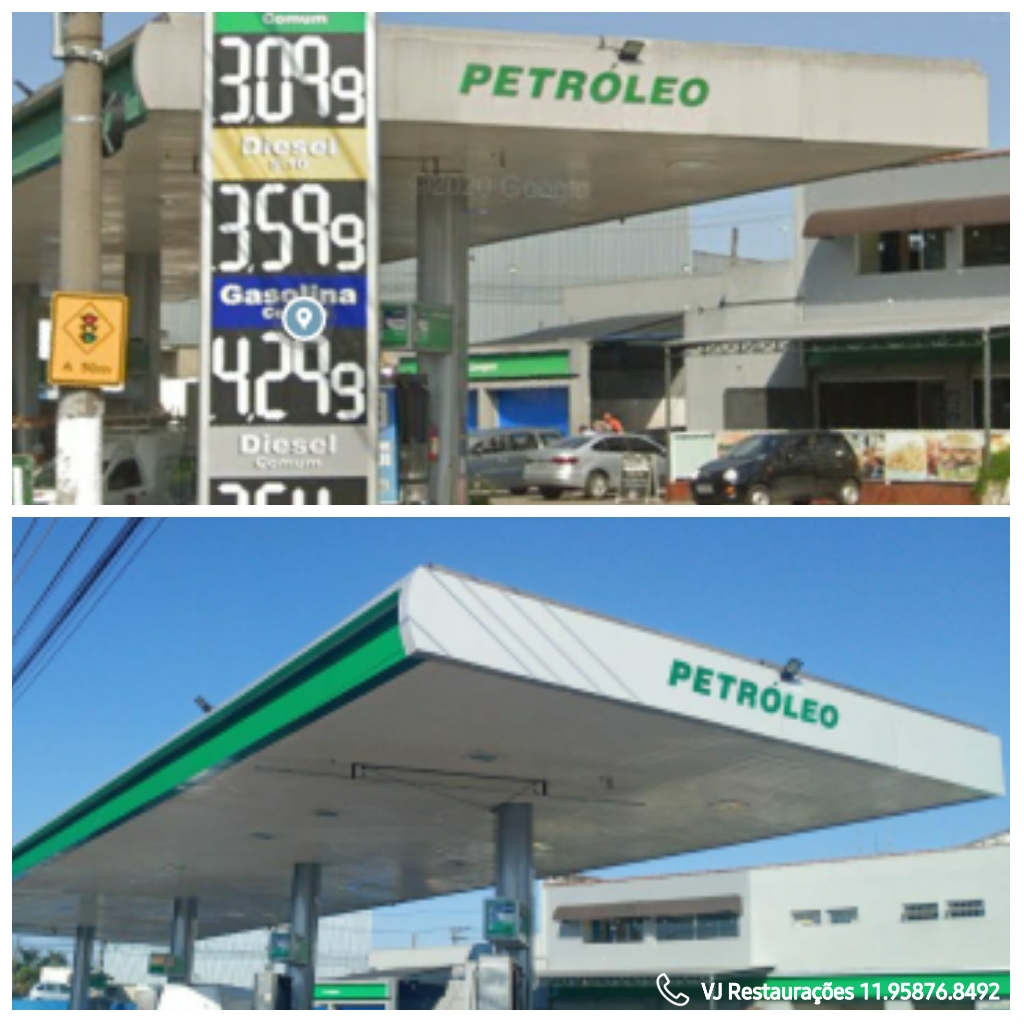 Antes e depois da restauração visual em testeira e fachada