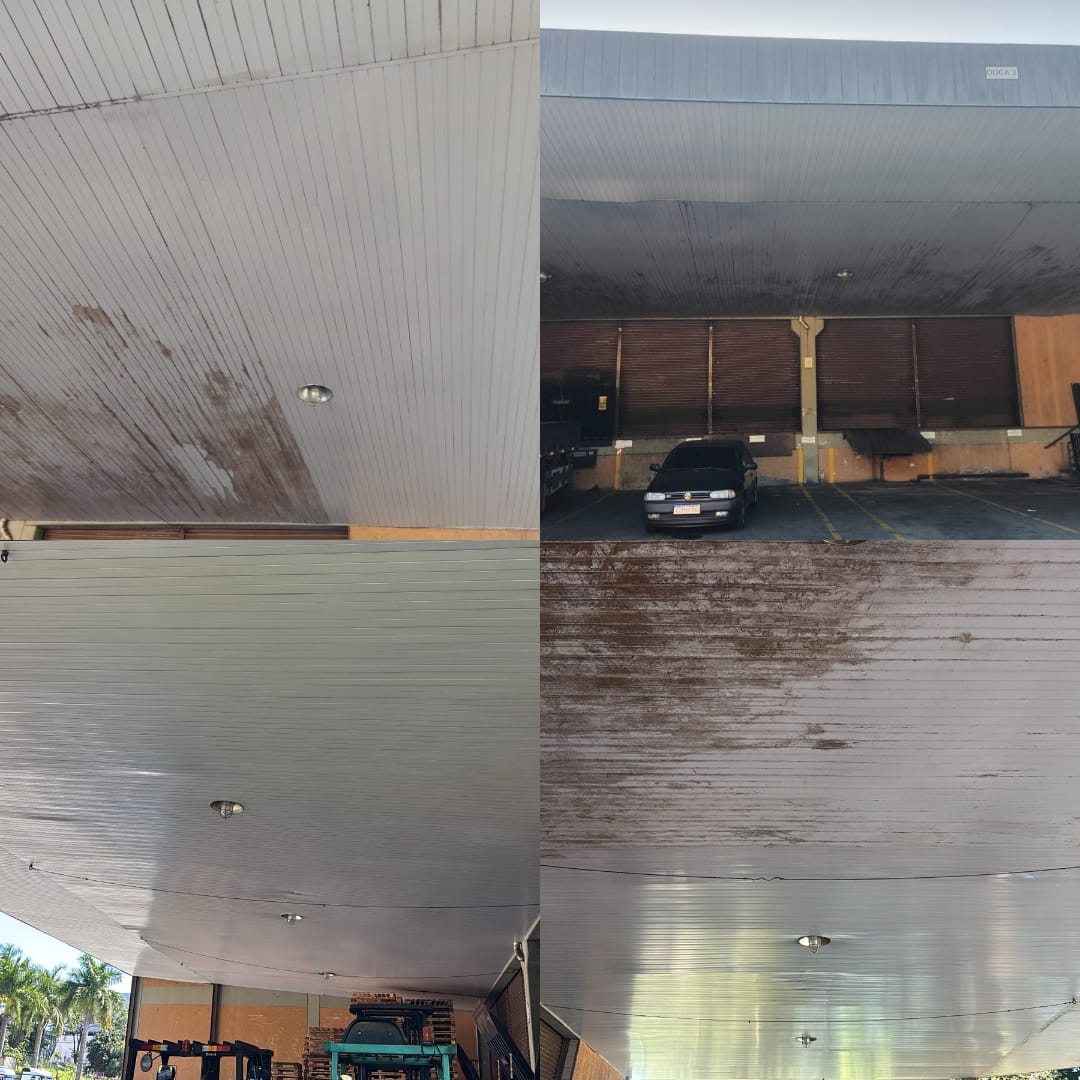 Antes e depois da restauração de forro de posto